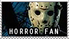 stamp that reads 'horror fan' with a background image of jason voorhees in a hockey mask