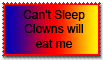 stamp that reads 'can't sleep, clowns will eat me' with a rainbow background