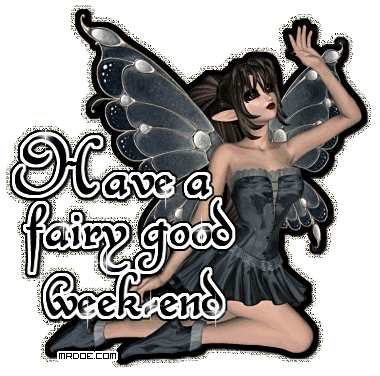 gif of a 3D model fairy with a sparkling cursive font that reads 'Have a fairy good weekend'