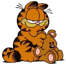 Garfield the cat sitting smugly with his teddy bear