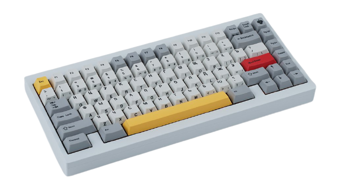 transparent image of a keyboard with off-white keys, with a yellow spacebar and red enter key