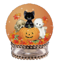 sparkly gif of a snowglobe that has a stylized cartoon drawing of a dog, black cat, and ghost around a giant pumpkin in the center of the globe